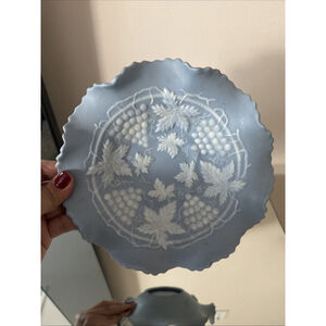 Vintage Blue Grapes Leaves Scalloped Rim Bowl Candy Dish Ceramic​